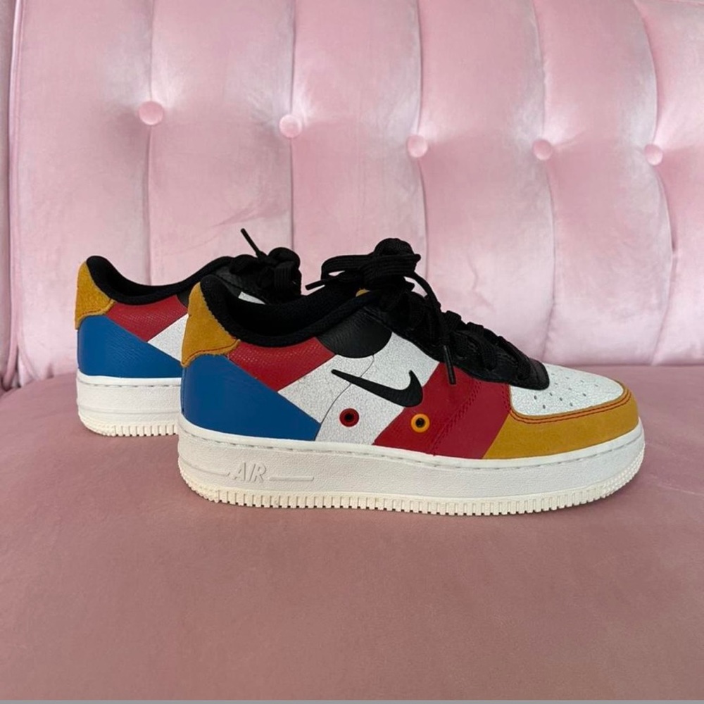 nike air forces
multi colored: red, blue, white, and yellow.